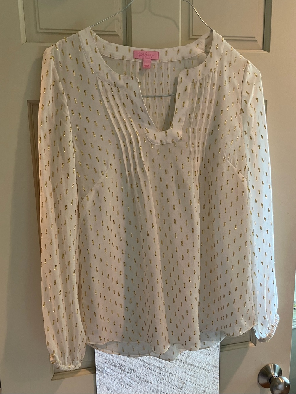 Lilly Pulitzer White Blouse with Gold Foil Motif